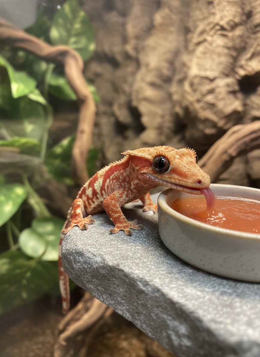 Kronengecko im Terrarium, an einer Futterschale